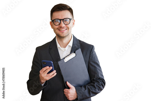 The smart manager smiles uses the phone and the folder report. Isolated background. © muse studio
