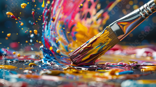 High-speed capture of a paintbrush flicking droplets of vibrant paint onto a canvas, adding energy to an artwork. photo