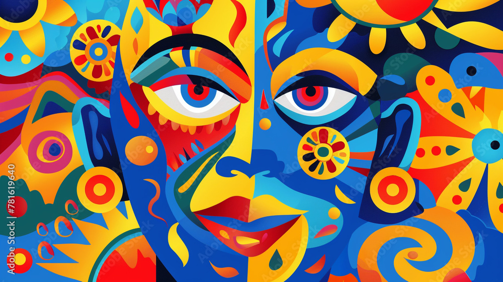 Playful vector face with whimsical elements and lively colors, radiating joy and a sense of fun.