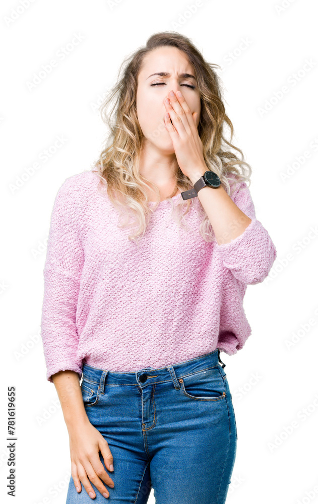 Beautiful young blonde woman over isolated background bored yawning tired covering mouth with hand. Restless and sleepiness. Beautiful young blonde woman over isolated background bored yawning tired covering mouth with hand. Restless and sleepiness.