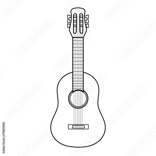 Black and white guitar in cartoon style isolated element. Acoustic musical instrument in outline for coloring. Vector illustration