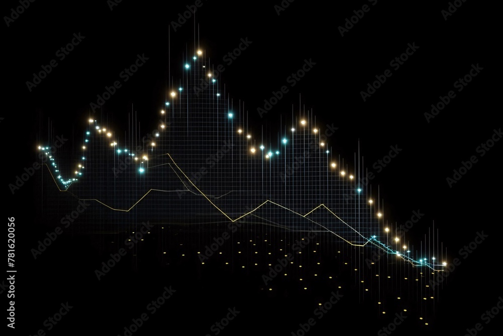 Illustration of a bar chart with lights on a black background.