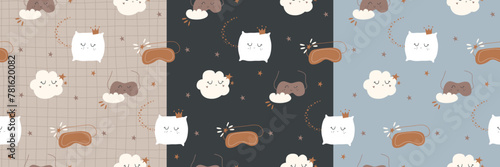 Night dreams sky kids vector wallpaper. Seamless pattern for textile design with stars, pillows, sleeping masks, clouds 