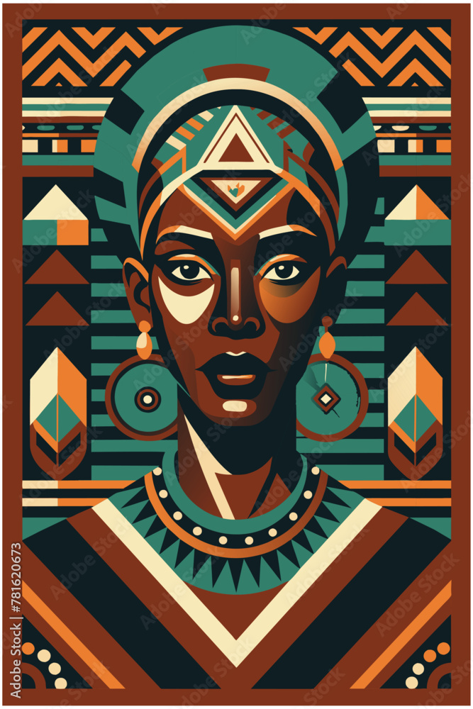 Ethnic poster with pride african woman's face for black history month or juneteenth. Stylized vector female portrait of african woman, female with cultural patterns symbolizing diversity and heritage Ethnic poster with pride african woman's face for black history month or juneteenth. Stylized vector female portrait of african woman, female with cultural patterns symbolizing diversity and heritage