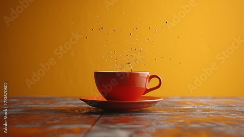 In this creative surreal design, the cup and saucer are flying in the air above a yellow background. photo