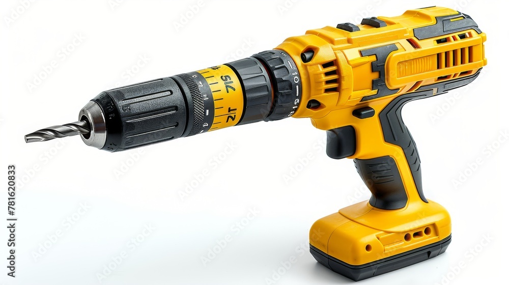 Construction tool isolate. Yellow drill on a white background. Screwdriver isolate. Yellow screwdriver on a white background. Drilling machine. Hand tool.