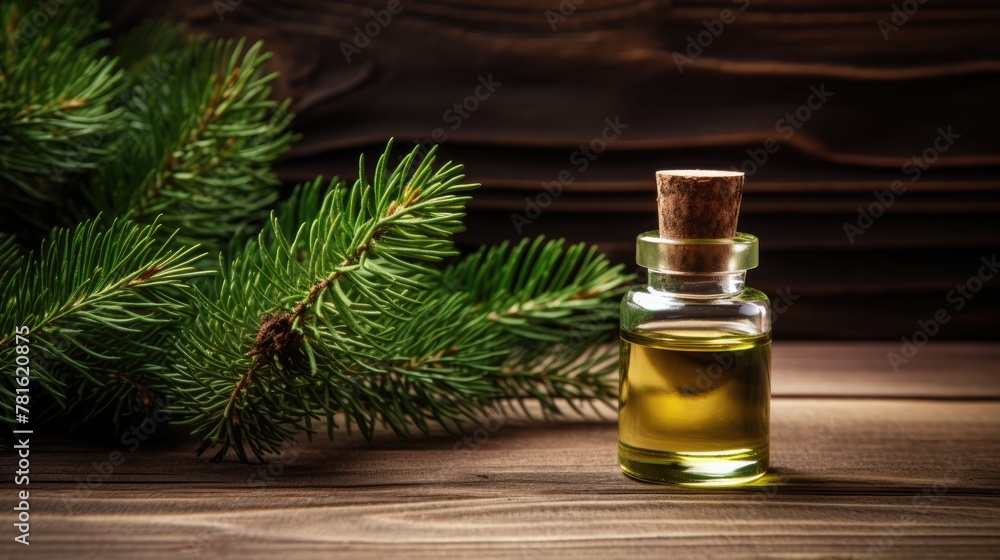 Essential oils of cedar and spruce in small glass bottles on a wooden background. Aromatherapy. Essential oils of cedar and spruce in small glass bottles on a wooden background. Aromatherapy.
