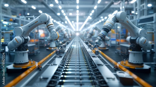 Futuristic robotic arms working on an assembly line for nano-scale chips