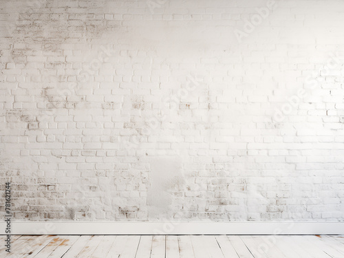 Background showcases white exposed brick and stucco wall