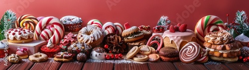 A table full of various Christmas desserts such as cakes, donuts, candies, and cookies.