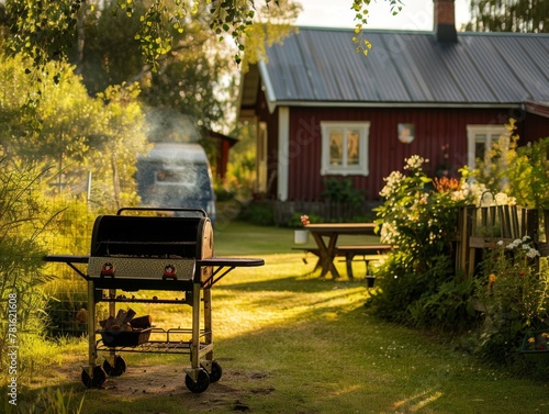 Photograph of grill in the backyard of typical finnish house, nice summer day atmosphere