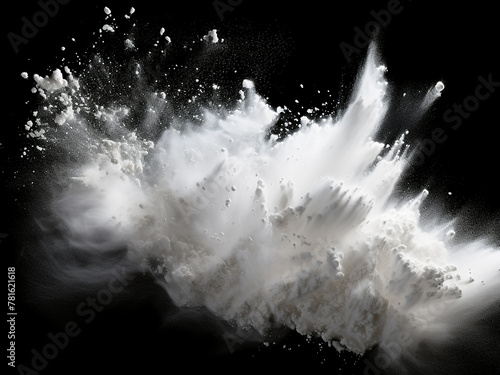 Abstract dust texture: white powder explosion on black backdrop