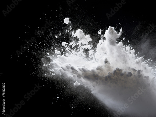 Texture of white powder exploding contrasts on black photo