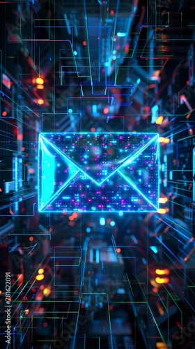 A glowing holographic email icon floating in a cybernetic space