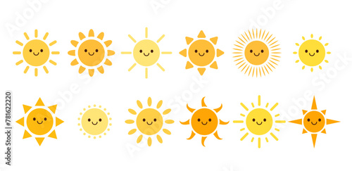 A charming collection of smiling sun illustrations, each with a unique design, radiating joy and positivity on a bright background.