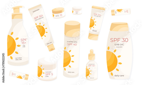 A comprehensive collection of sunscreen products featuring a variety of SPF levels, from SPF 5 to 50+, designed for daily skin care and sun safety