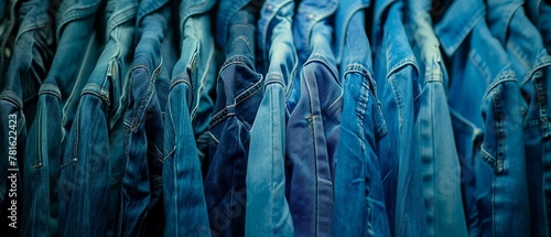 Different styles and shades of blue jeans are lined up on display in a fashion retail environment. photo