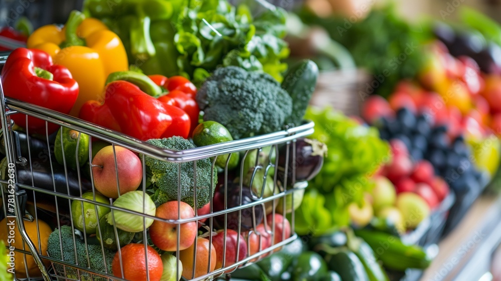 Shopping cart filled with an assortment of fresh vegetables and fruits