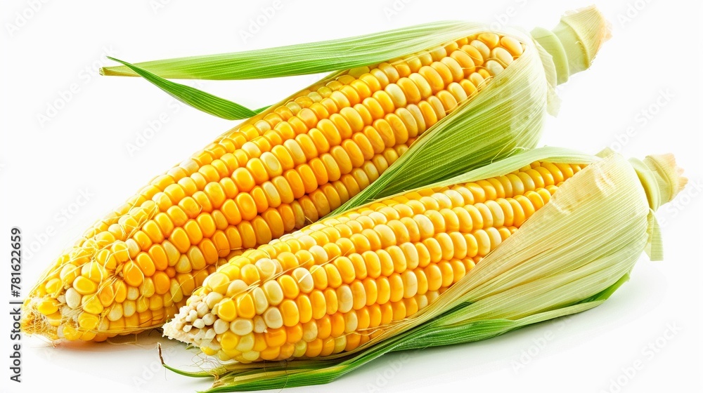 Two fresh yellow corn cobs with husk leaves isolated on a white background. Two fresh yellow corn cobs with husk leaves isolated on a white background.