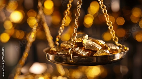 Shiny gold nuggets balanced on a traditional scale