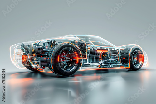 Transparent neon glass futuristic car the engine în light gray background, 3d render photo