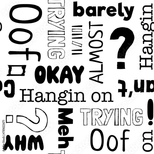 Hanging on Text Vector Seamless Pattern Black on White