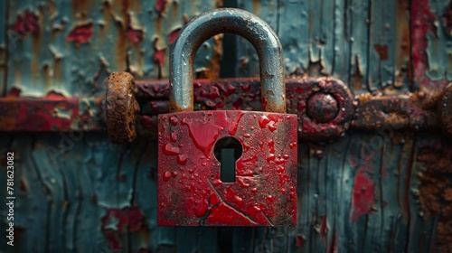 A rusted iron door hangs with an old red padlock. Close-up red old padlock