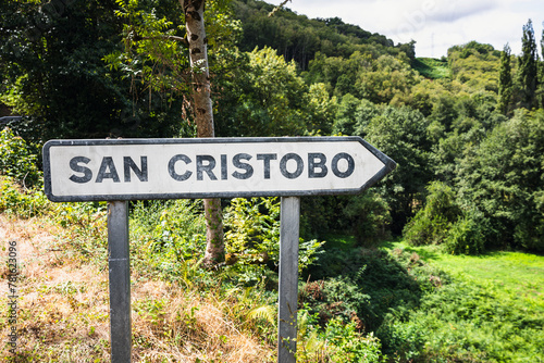 traffic signpost pointing the way to San Cristobo do Real (San Cristobal del Real), municipality of Samos, province of Lugo, Galicia, Spain