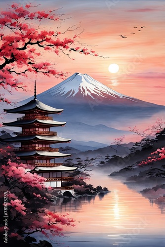 Serene landscape with mountain, pagoda in background. Sky is filled with beautiful pink hue, and moon is shining brightly. Concept of peace, tranquility.For art, creative projects, fashion, magazines.