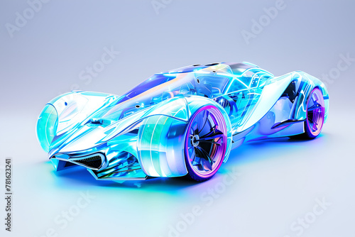 Futuristic neon sports car model în dark background, 3d render © nutalina