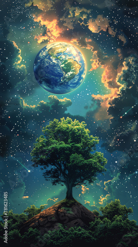 Tree growing on a planet against a starry sky, symbolizing ecology and the environment.