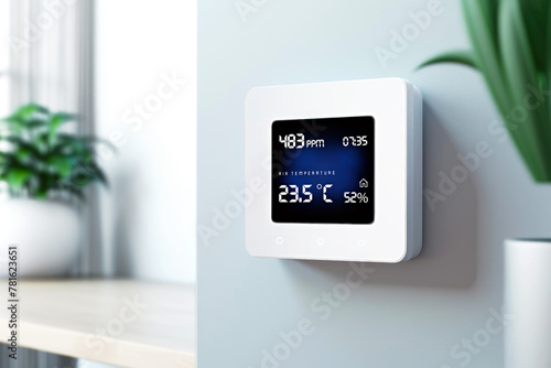 A high-tech thermostat with air quality index, showing CO2 levels, temperature, and humidity on a serene wall, embodying modern home automation and environmental consciousness