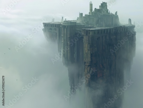 A citadel on top of a cliff in a layer of fog.