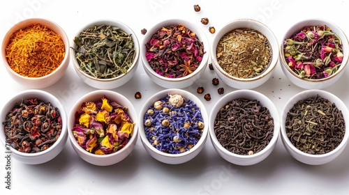 An isolated white background shows a selection of dry herbal and floral teas. Green, black, and composition teas are shown in this set.