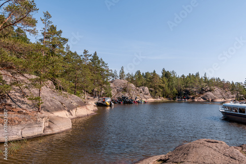 Lake Ladoga and rocky islands. Karelian forest, trees growing on rocks. Ladoga skerries. Nordic Scandinavian landscape