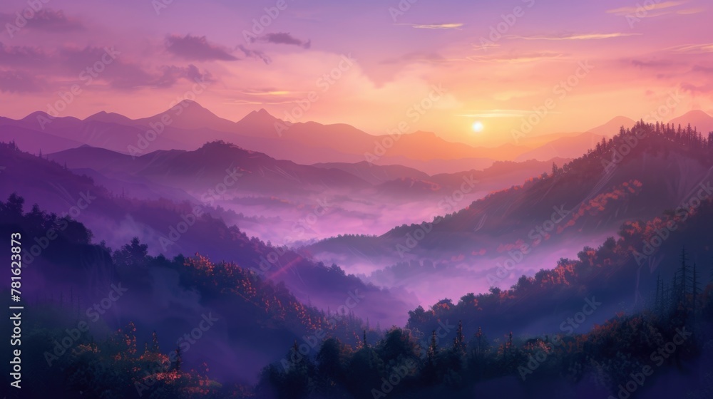 Morning landscape of sunrise over a mountain ridge and mist in the valley. AI generative. Morning landscape of sunrise over a mountain ridge and mist in the valley. AI generative.