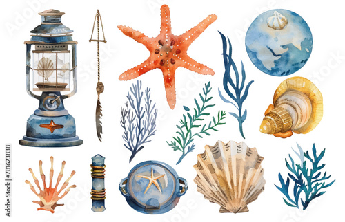 
sea ​​underwater world set, isolated vector watercolor illustration.