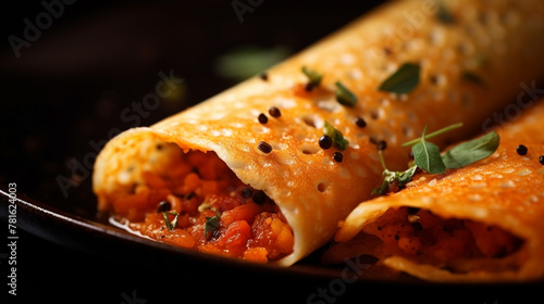 wide top view background photo, delicious masala dosa and curries on a tray, Indian traditional food recipe banner image in dark color background photo