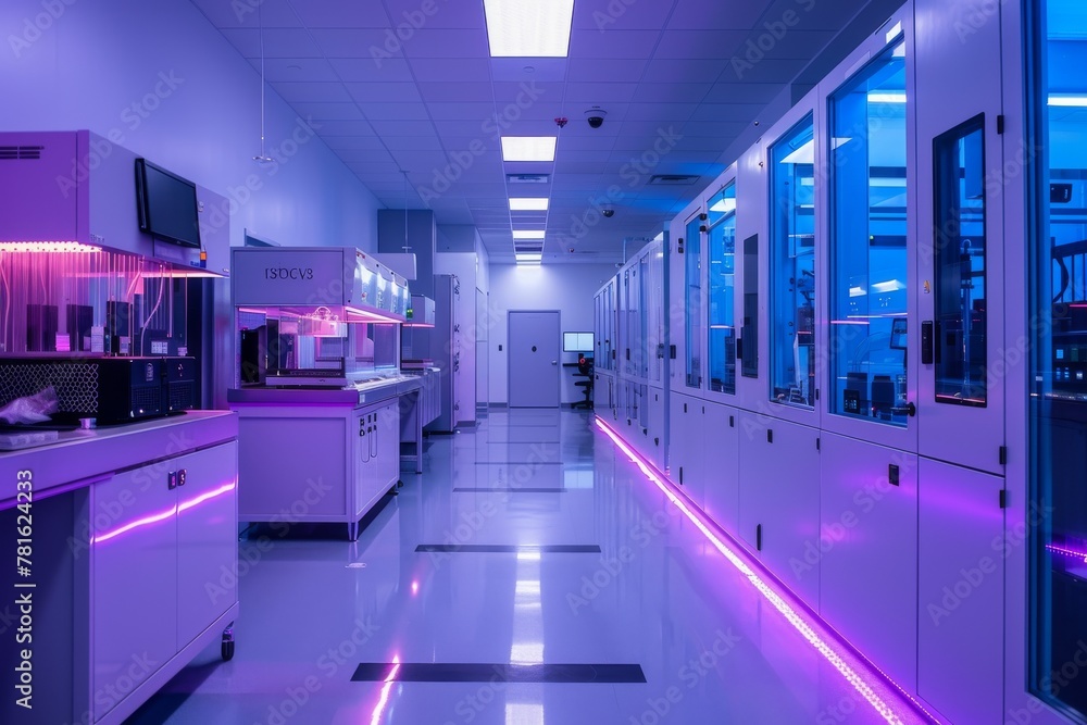 Futuristic chip testing facility with high-tech machinery and neon lighting Futuristic chip testing facility with high-tech machinery and neon lighting