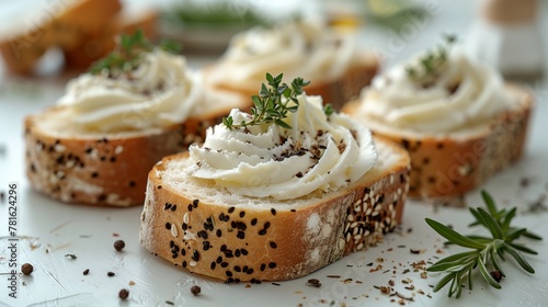 White bread with cream cheese and herbs on it with white background. Generated by artificial intelligence.