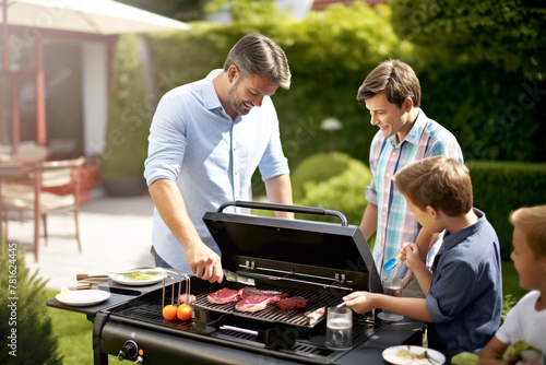 Father and sons enjoy a barbecue, using a grill in their lush backyard, bonding over grilling steaks on a sunny day. Relaxing on a weekend, family holiday