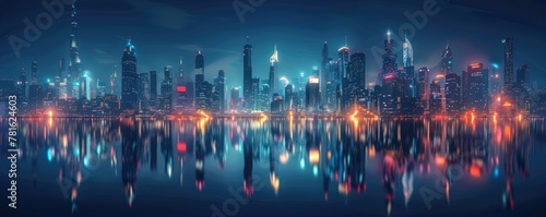 A night view od the cityscape many build with reflection in water. photo