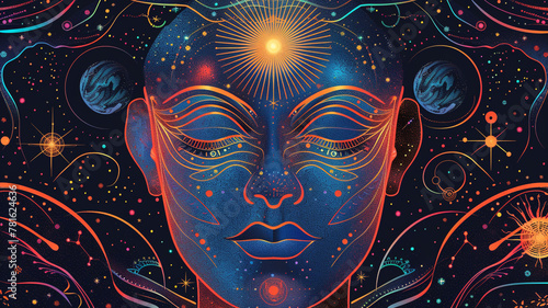 A celestial oracle graphical vector face with cosmic patterns and a serene expression, offering wisdom and guidance to seekers.