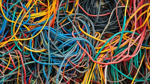 Close-up of tangled wires in a messy heap