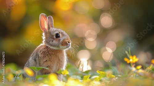 Rabbit Sitting in Grass, Gazing at Camera