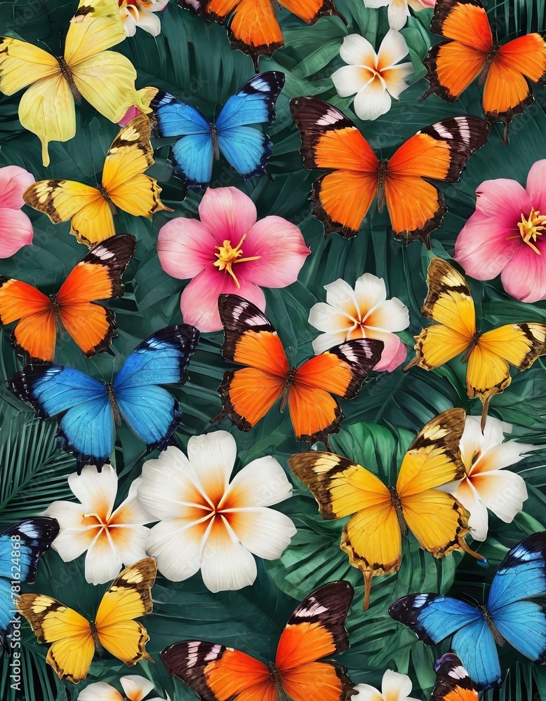 A group of vibrant tropical butterflies perched on green leaves in a natural setting