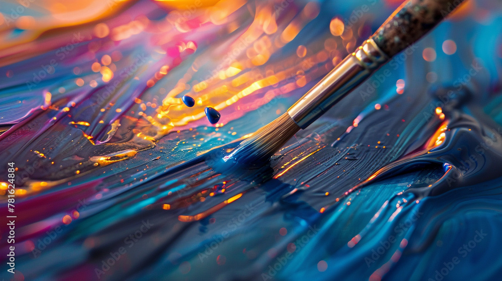 Dynamic shot of a paintbrush flicking droplets of paint onto a canvas, creating a vibrant abstract pattern.