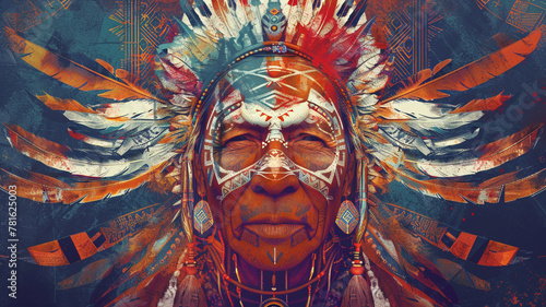 A tribal shaman graphical vector face adorned with feathers and ritualistic markings, embodying ancient spiritual wisdom. photo