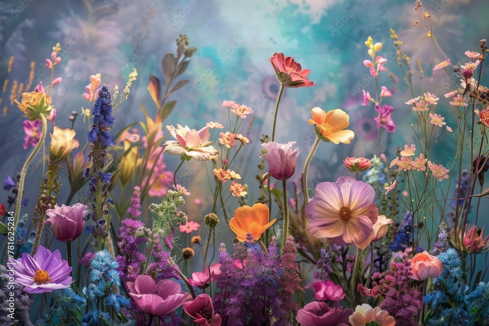 Whimsical floral fantasyland with a vibrant spring meadow alive with the vibrant colors and enchanting fragrances of blooming flowers.