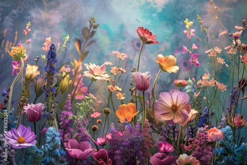 Whimsical floral fantasyland with a vibrant spring meadow alive with the vibrant colors and enchanting fragrances of blooming flowers.